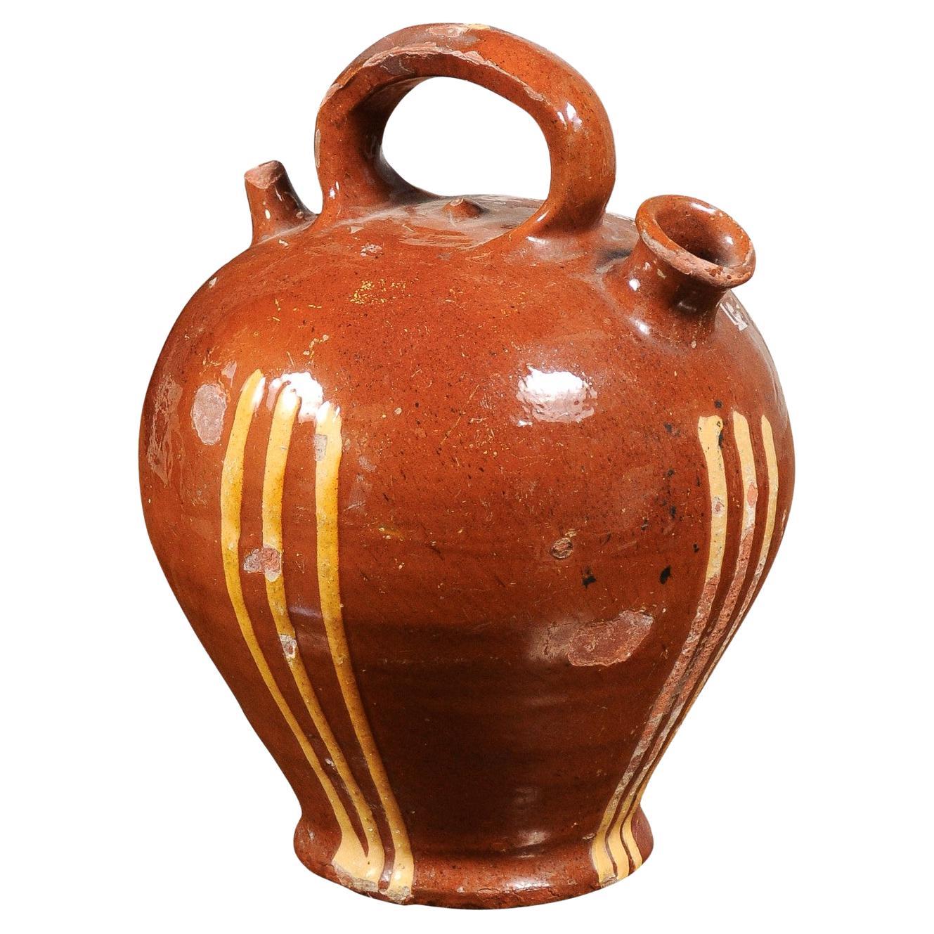 Rustic French 19th Century Pottery Jug with Russet Ground and Yellow Stripes For Sale