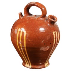 Antique Rustic French 19th Century Pottery Jug with Russet Ground and Yellow Stripes