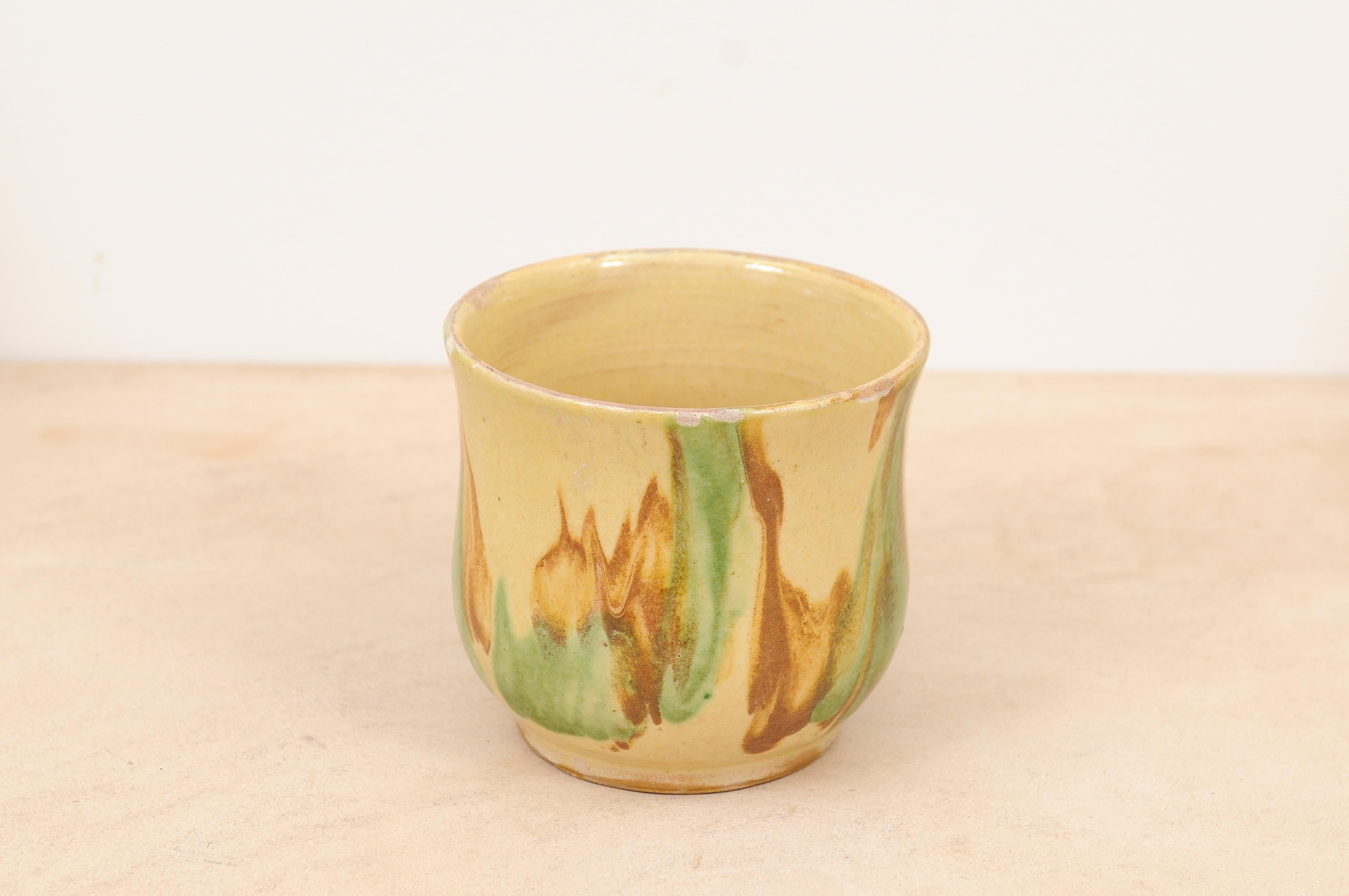Rustic French 19th Century Pottery Mug with Yellow, Green and Rust Glaze For Sale 5