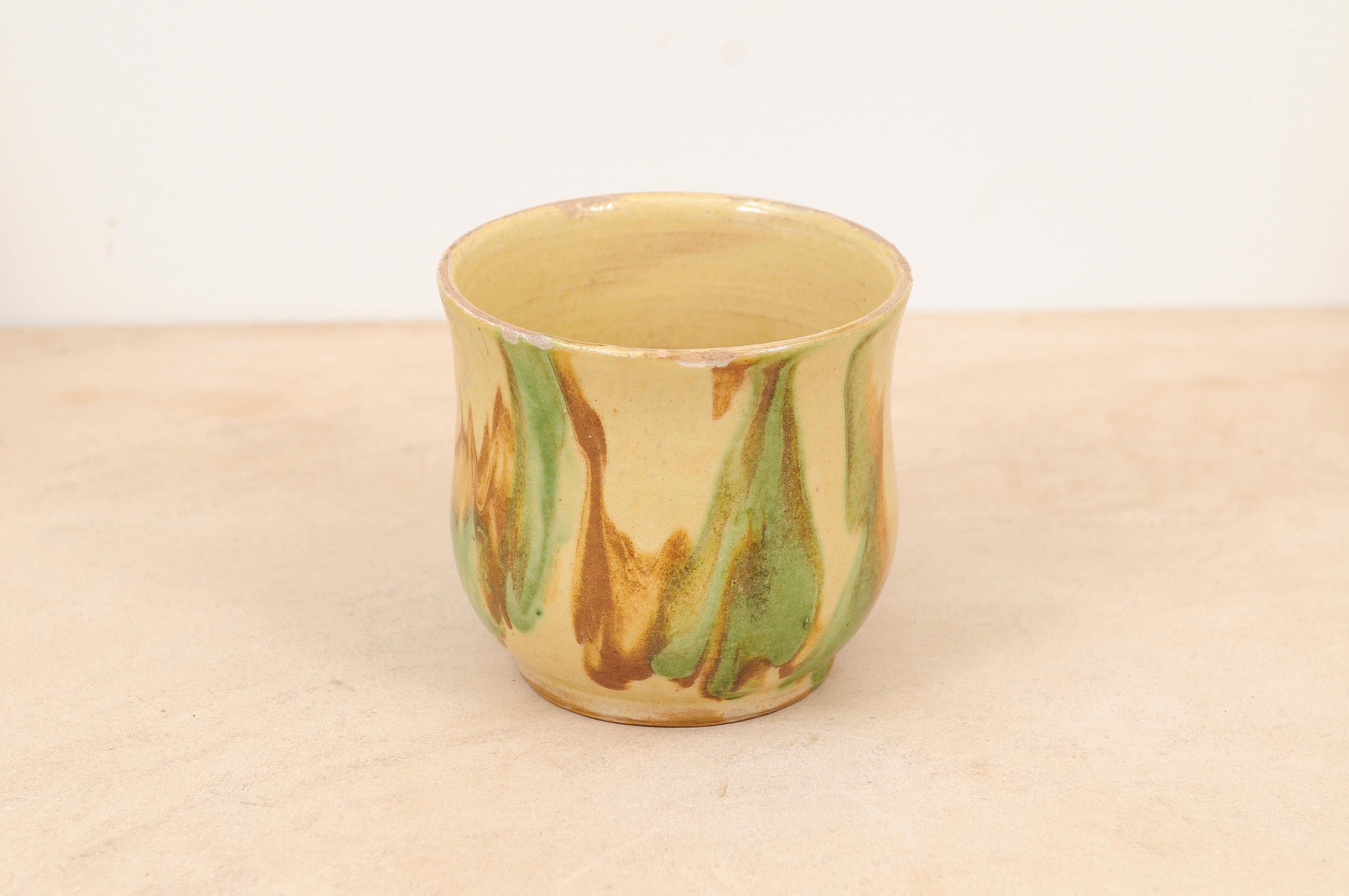 Rustic French 19th Century Pottery Mug with Yellow, Green and Rust Glaze For Sale 4