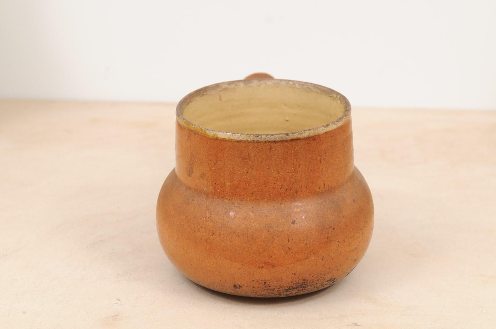Glazed Rustic French 19th Century Pottery Pot with Brown Glaze and Straight Handle For Sale