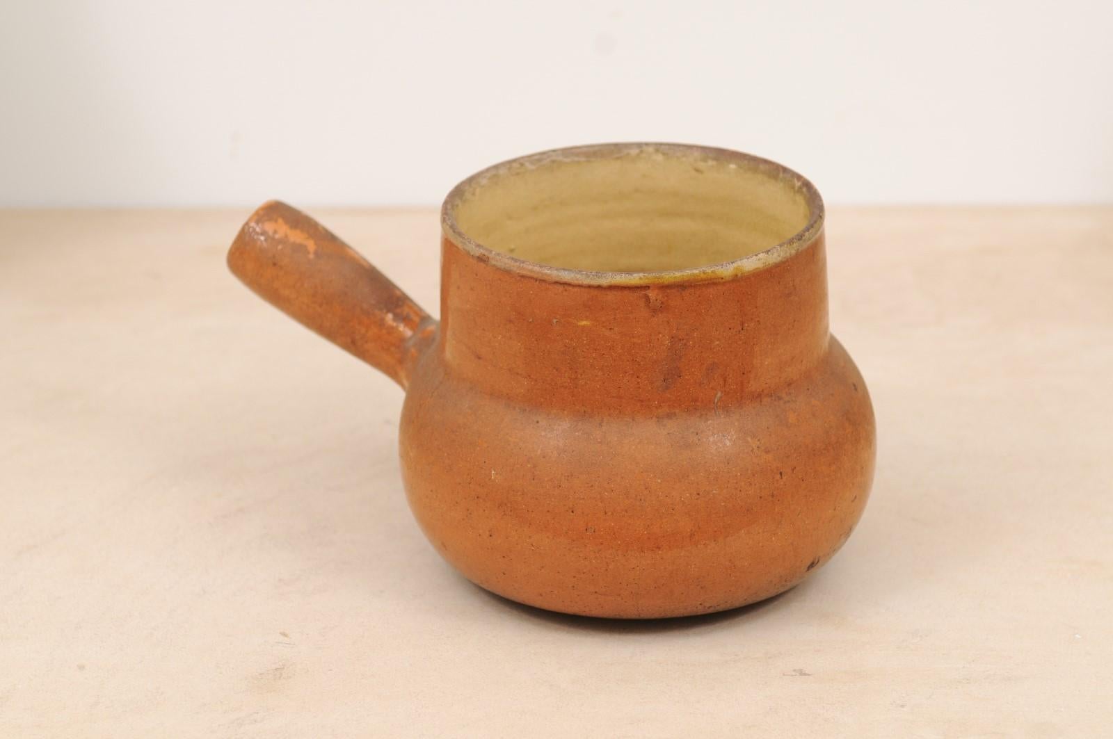 Rustic French 19th Century Pottery Pot with Brown Glaze and Straight Handle In Good Condition For Sale In Atlanta, GA