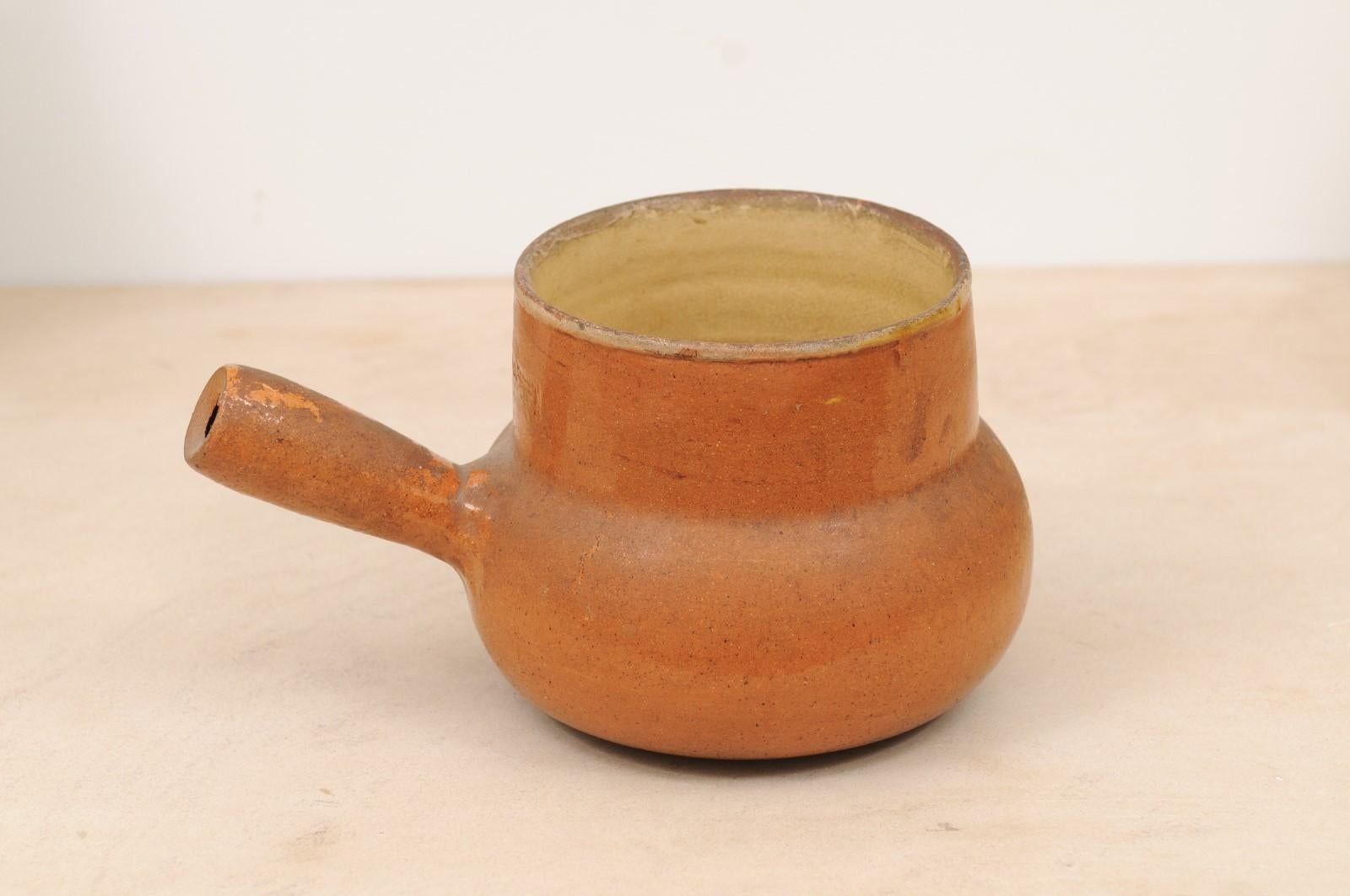 Rustic French 19th Century Pottery Pot with Brown Glaze and Straight Handle For Sale 1