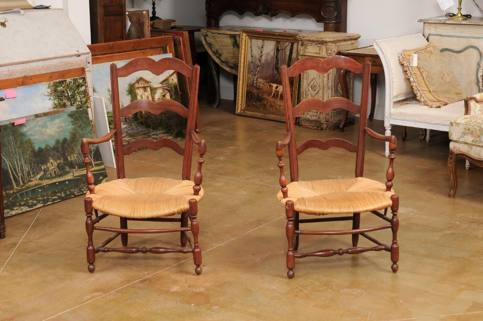 Rustic French 19th Century Walnut Armchairs with Rush Seats, Sold Individually For Sale 6