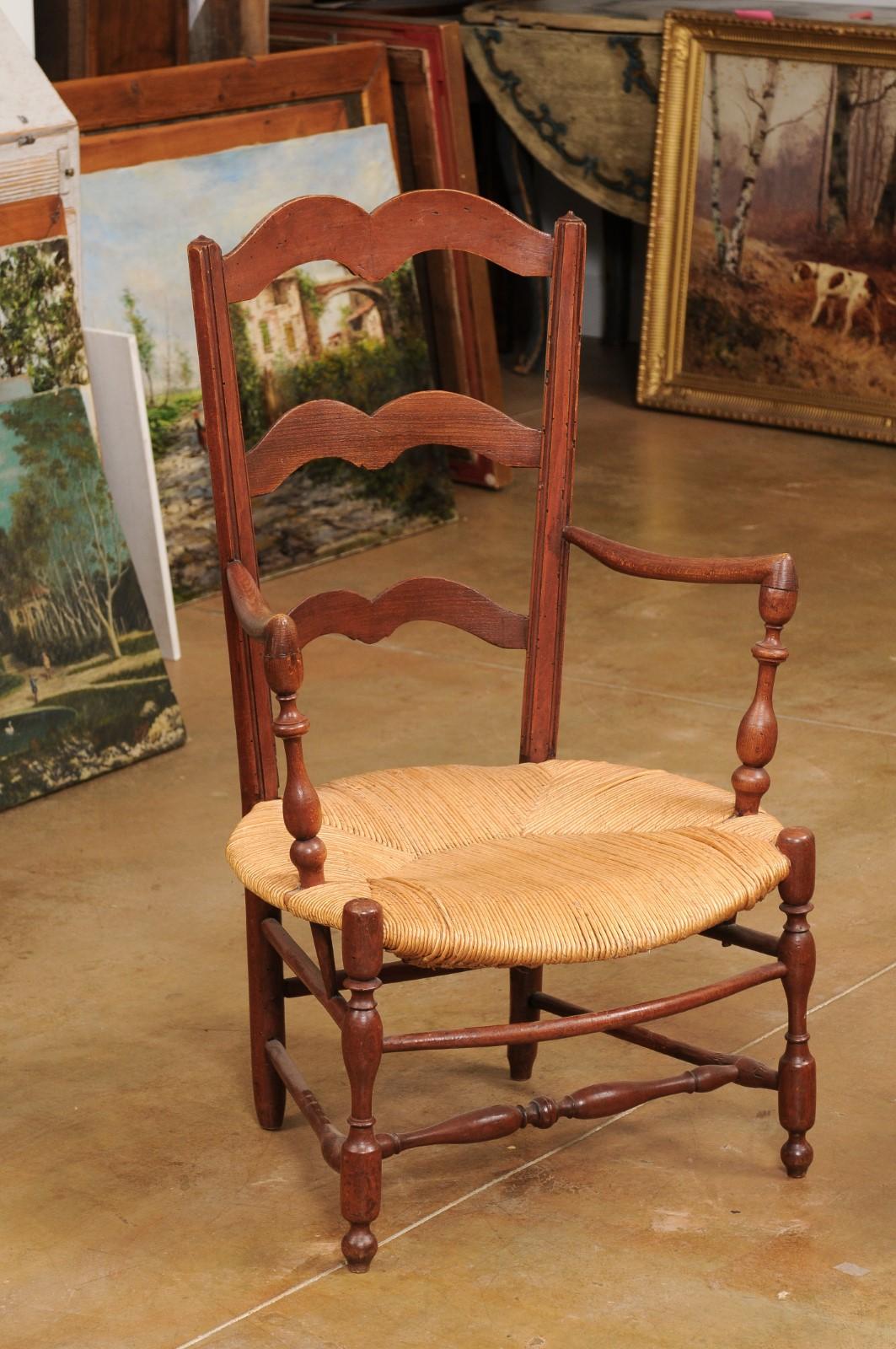Turned Rustic French 19th Century Walnut Armchairs with Rush Seats, Sold Individually For Sale