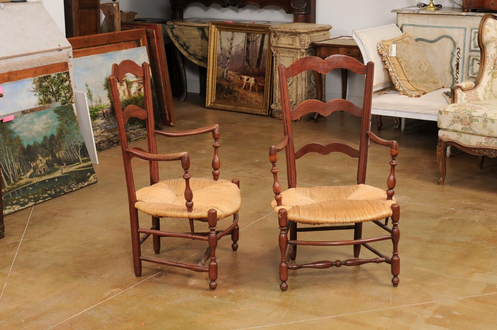 Rustic French 19th Century Walnut Armchairs with Rush Seats, Sold Individually For Sale 1