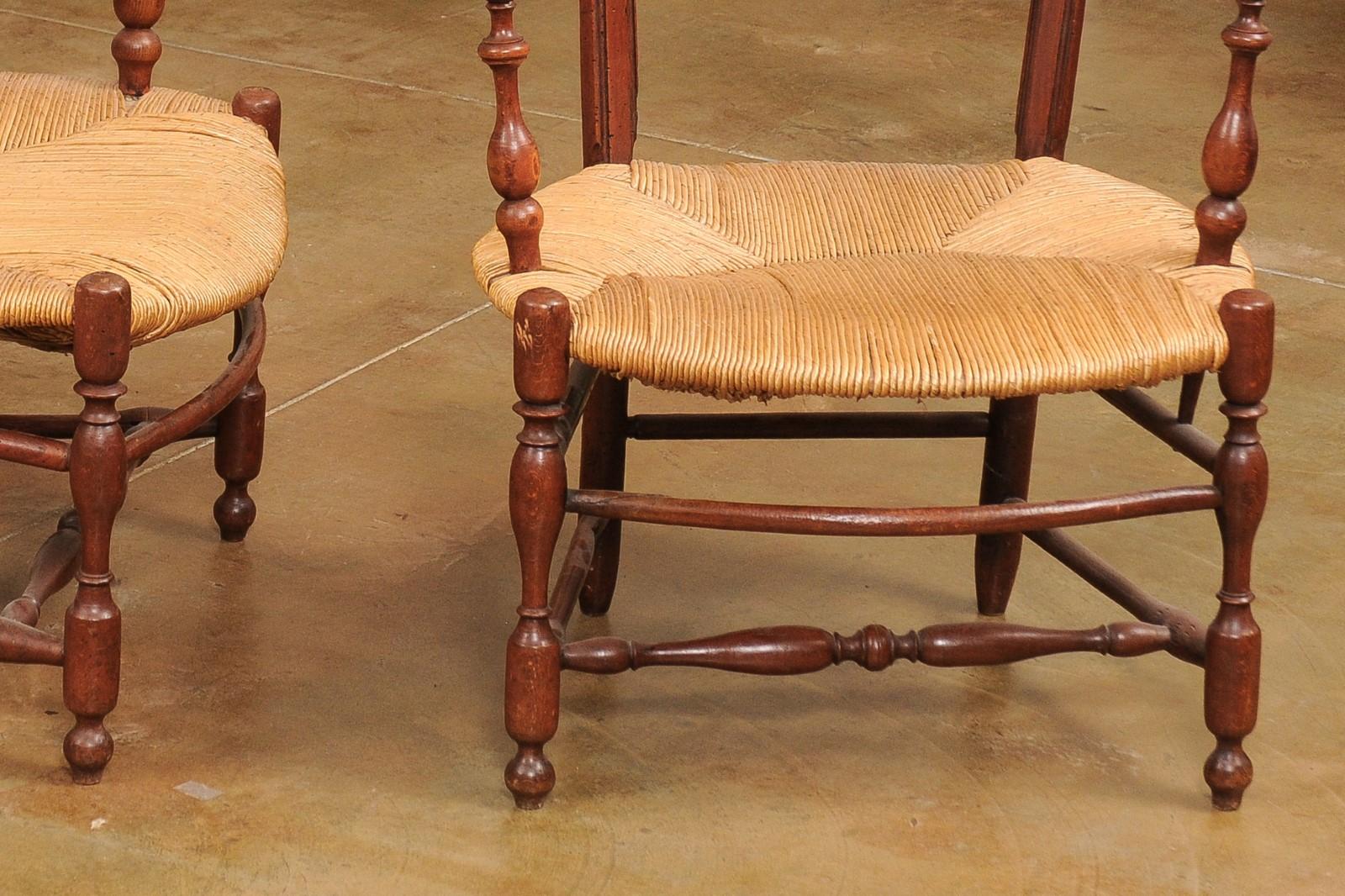 Rustic French 19th Century Walnut Armchairs with Rush Seats, Sold Individually For Sale 2