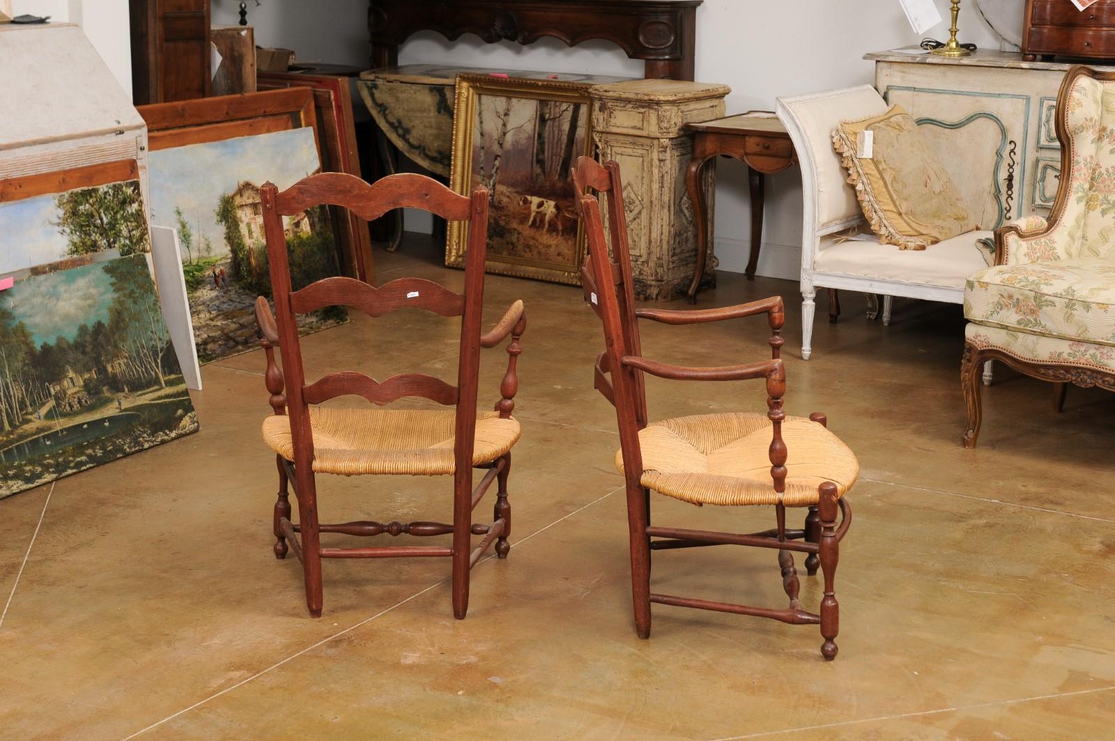 Rustic French 19th Century Walnut Armchairs with Rush Seats, Sold Individually For Sale 3