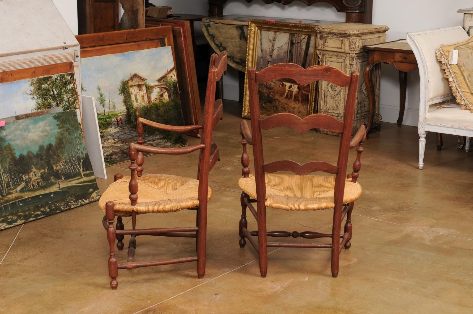 Rustic French 19th Century Walnut Armchairs with Rush Seats, Sold Individually For Sale 5