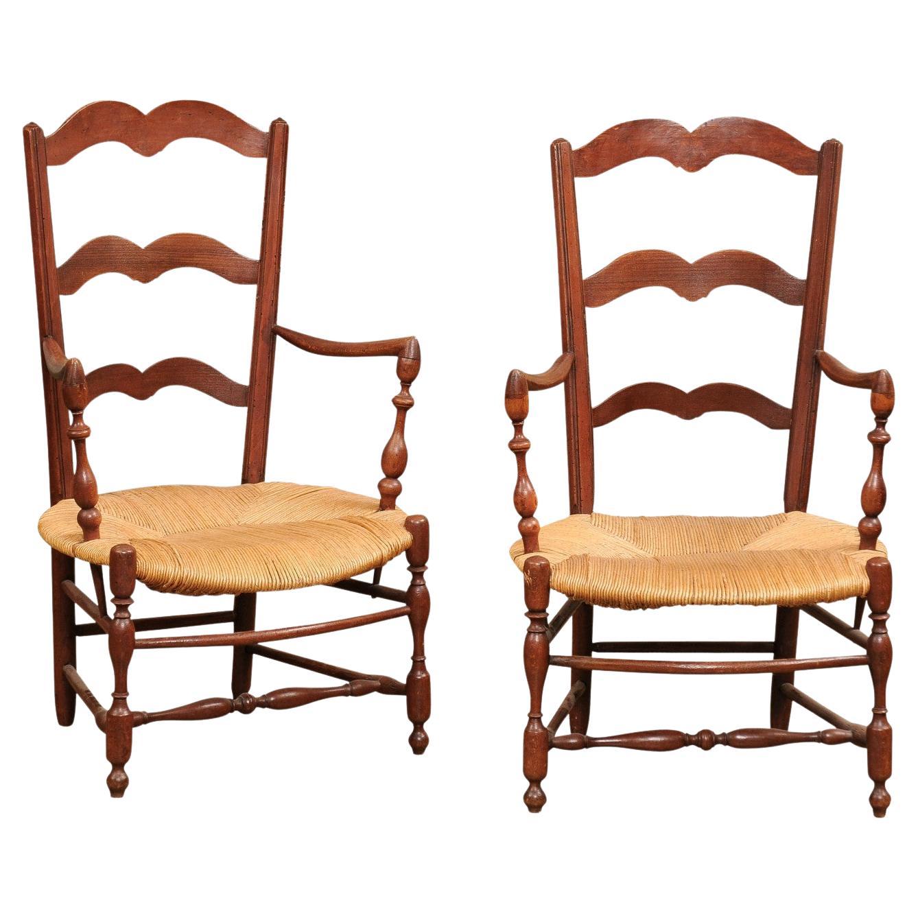 Rustic French 19th Century Walnut Armchairs with Rush Seats, Sold Individually For Sale
