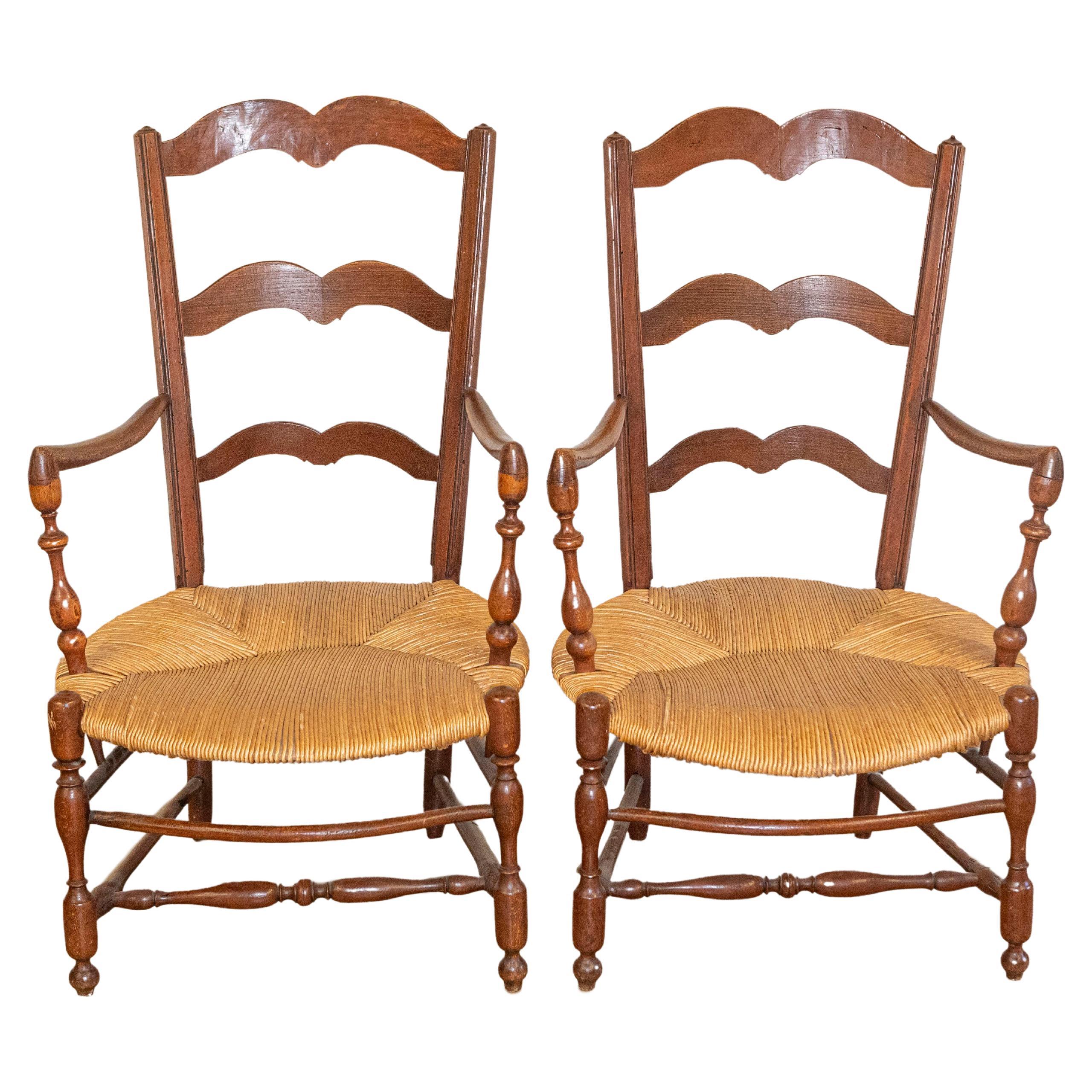 Rustic French 19th Century Walnut Armchairs with Rush Seats, Sold Individually