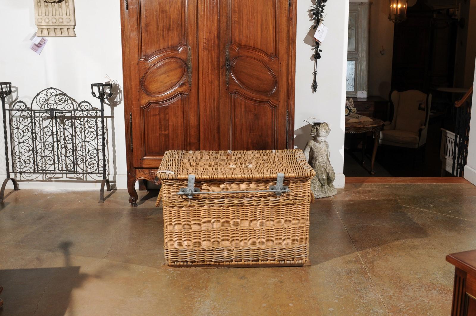 Rustic French 19th Century Wicker Trunk with Metal Hardware and Handles 5