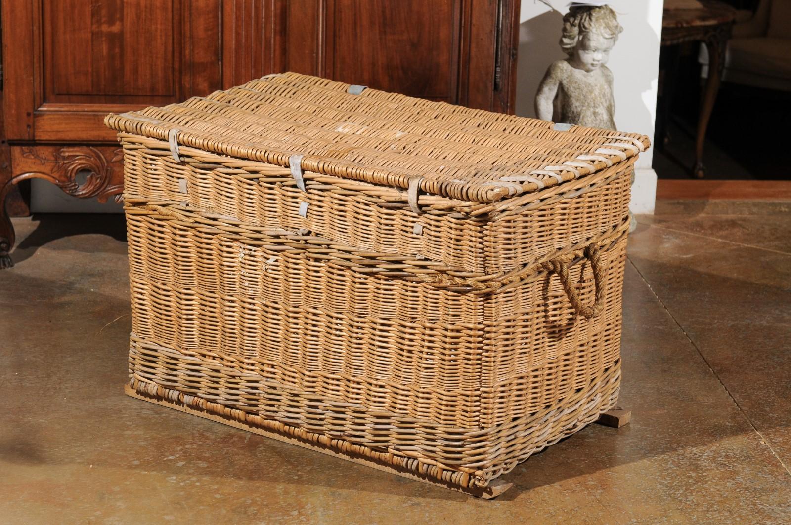 Rustic French 19th Century Wicker Trunk with Metal Hardware and Handles 1
