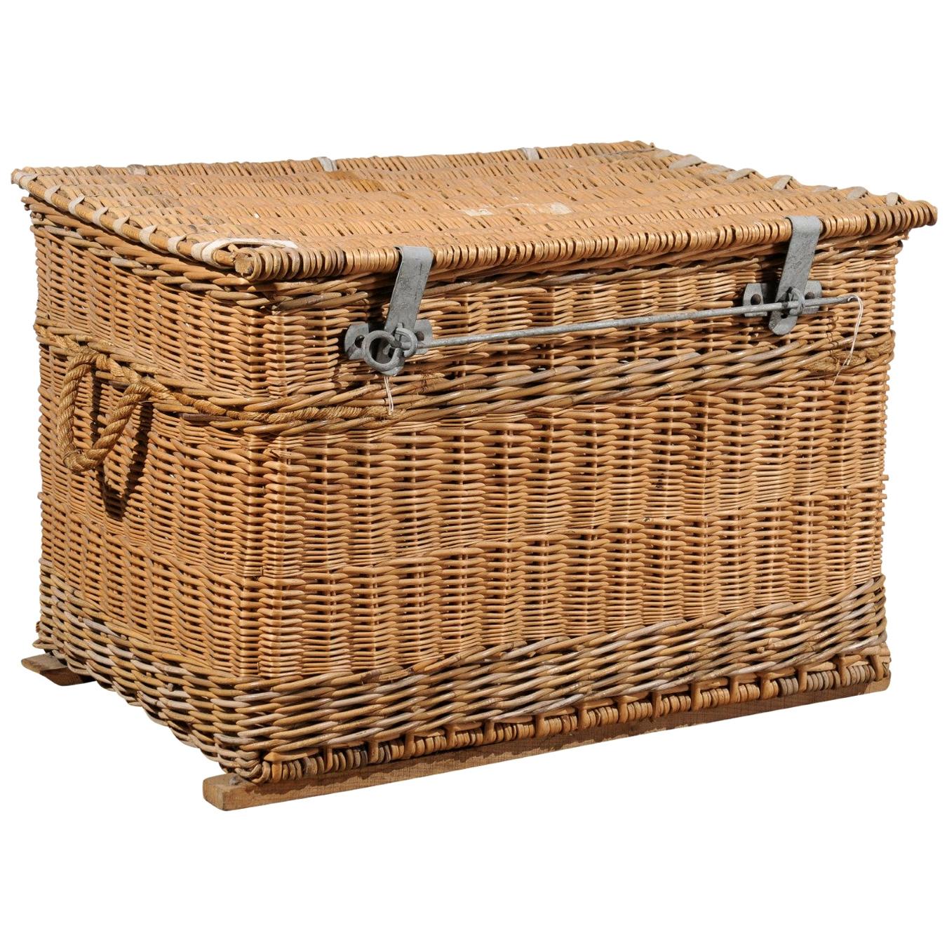 Rustic French 19th Century Wicker Trunk with Metal Hardware and Handles