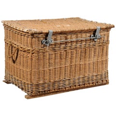 Rustic French 19th Century Wicker Trunk with Metal Hardware and Handles