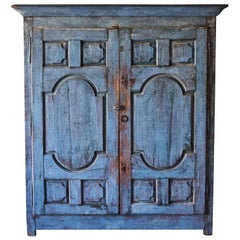 Rustic French 2-Door Cupboard Painted Blue with Carved Doors