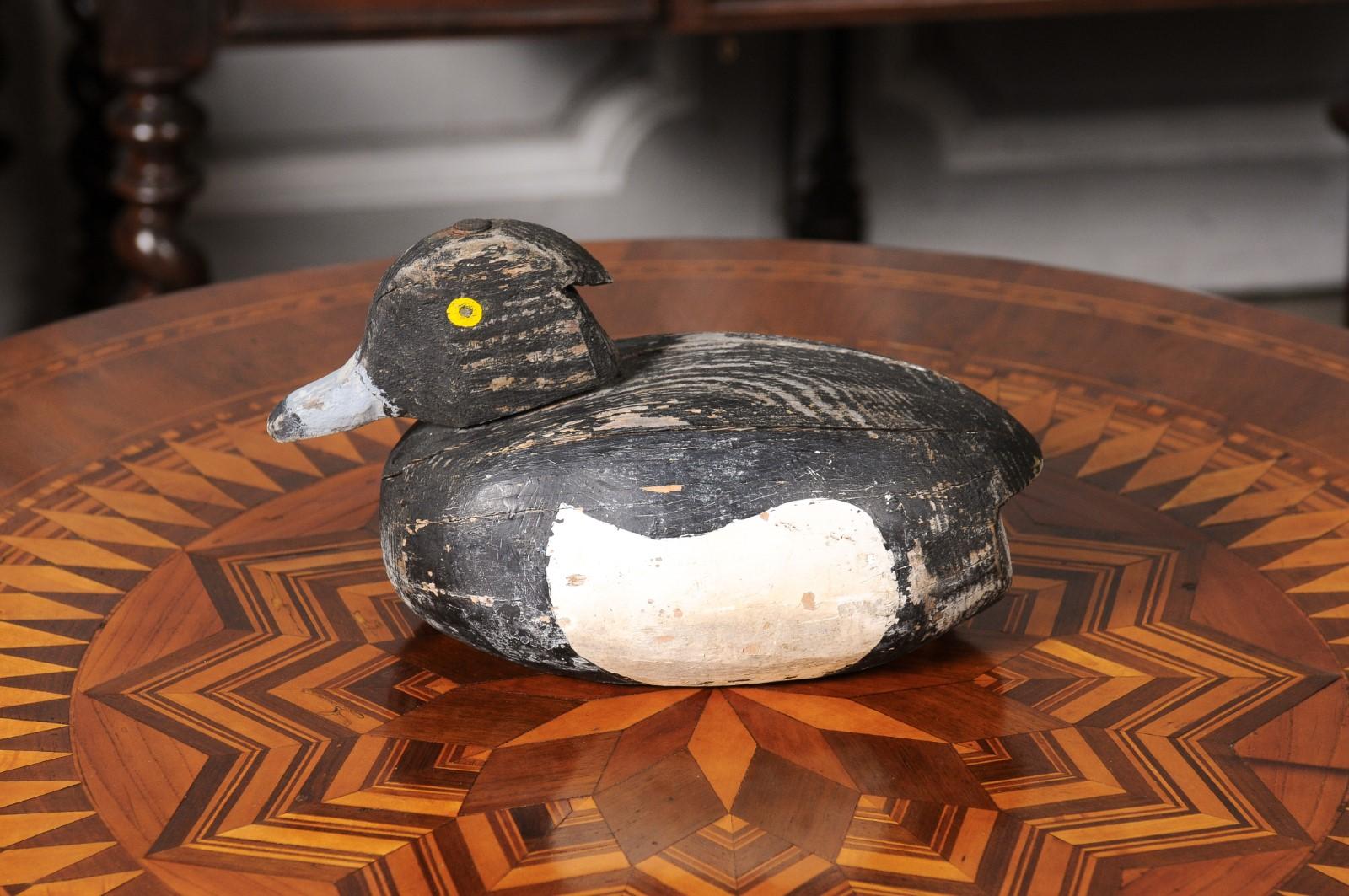 Rustic French 20th Century Carved Wooden Duck with Black, White and Yellow Paint For Sale 5
