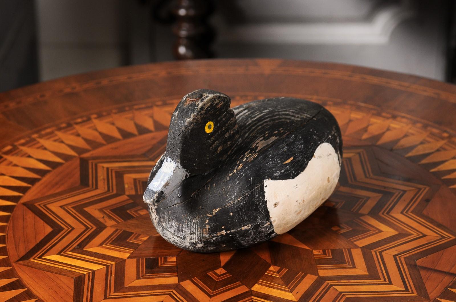 Rustic French 20th Century Carved Wooden Duck with Black, White and Yellow Paint For Sale 6