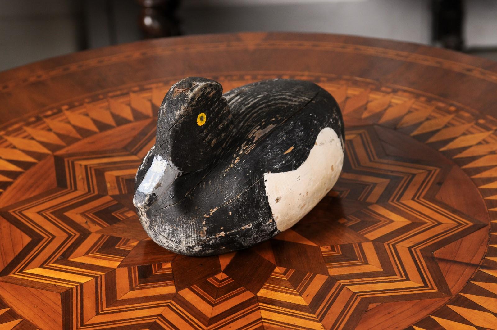Rustic French 20th Century Carved Wooden Duck with Black, White and Yellow Paint For Sale 7