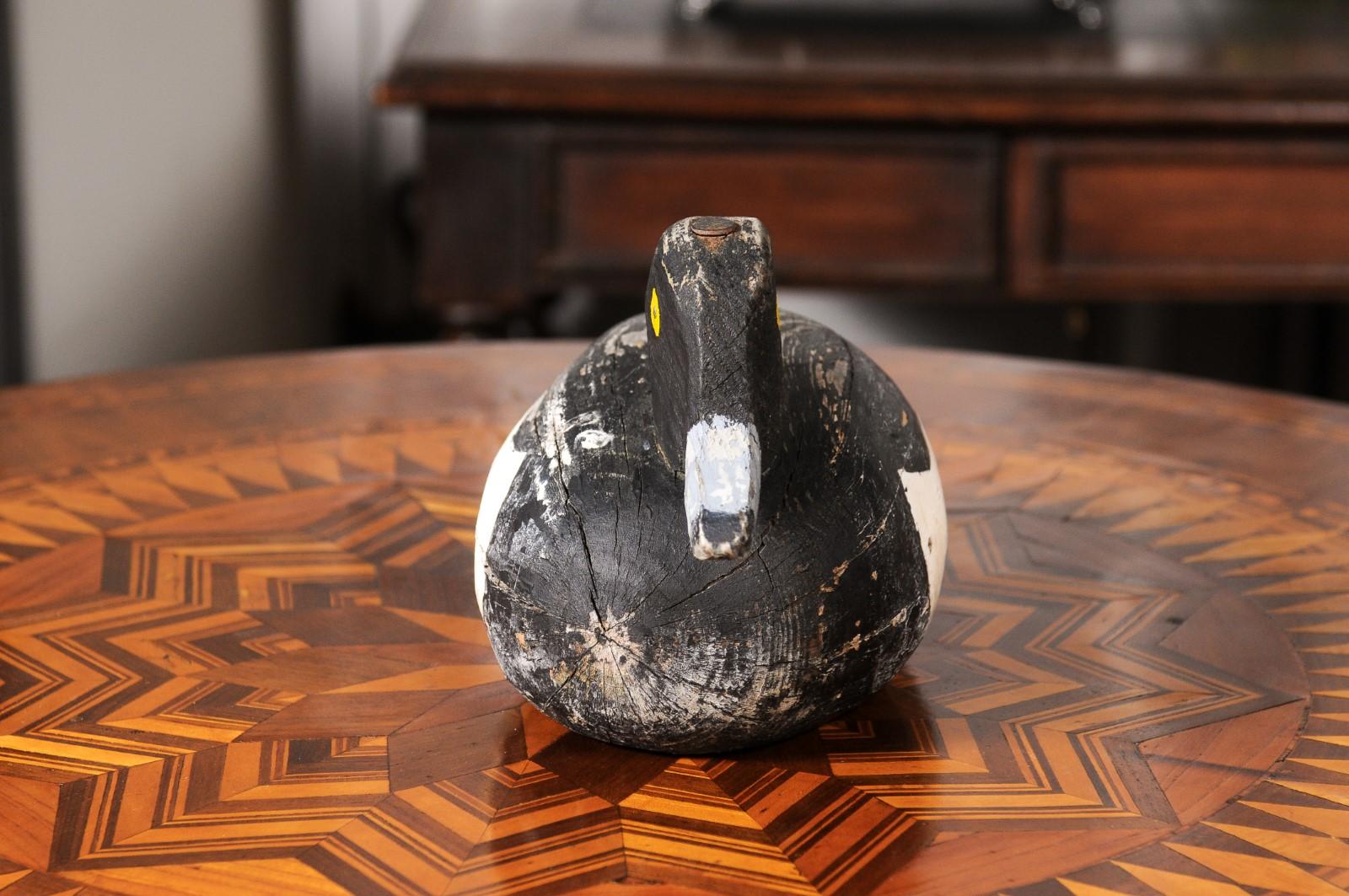 Rustic French 20th Century Carved Wooden Duck with Black, White and Yellow Paint For Sale 8