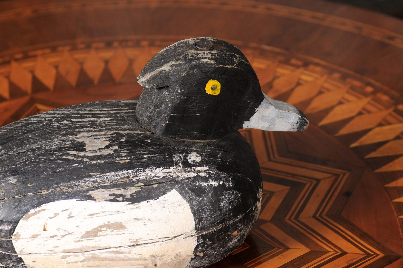 Rustic French 20th Century Carved Wooden Duck with Black, White and Yellow Paint In Good Condition For Sale In Atlanta, GA