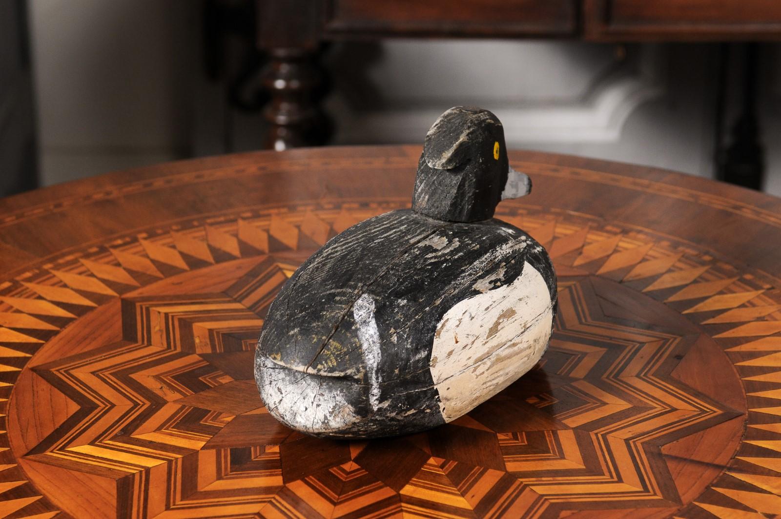 Rustic French 20th Century Carved Wooden Duck with Black, White and Yellow Paint For Sale 2