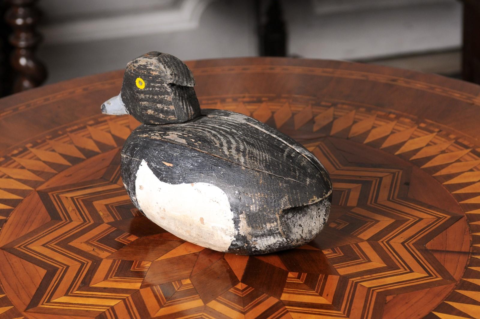 Rustic French 20th Century Carved Wooden Duck with Black, White and Yellow Paint For Sale 4