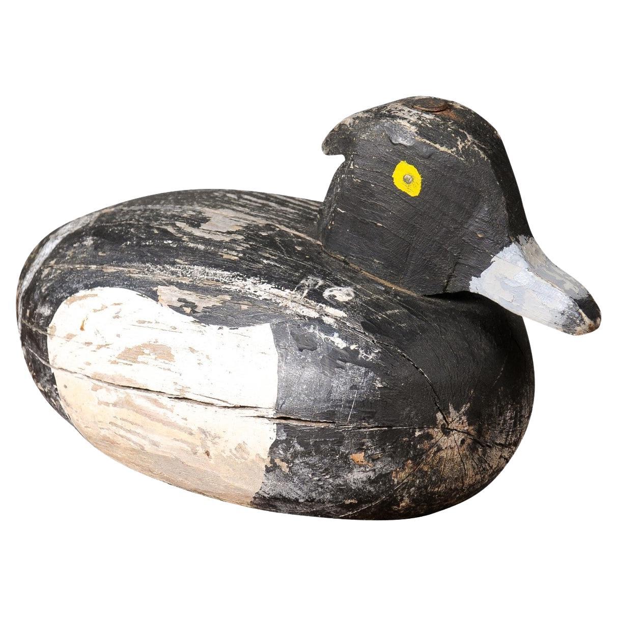 Rustic French 20th Century Carved Wooden Duck with Black, White and Yellow Paint For Sale