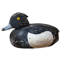 Rustic French 20th Century Carved Wooden Duck with Black, White and Yellow Paint