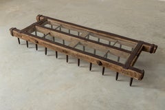 Rustic French Agricultural Harrow Coffee Table with Glass Top, 20th Century