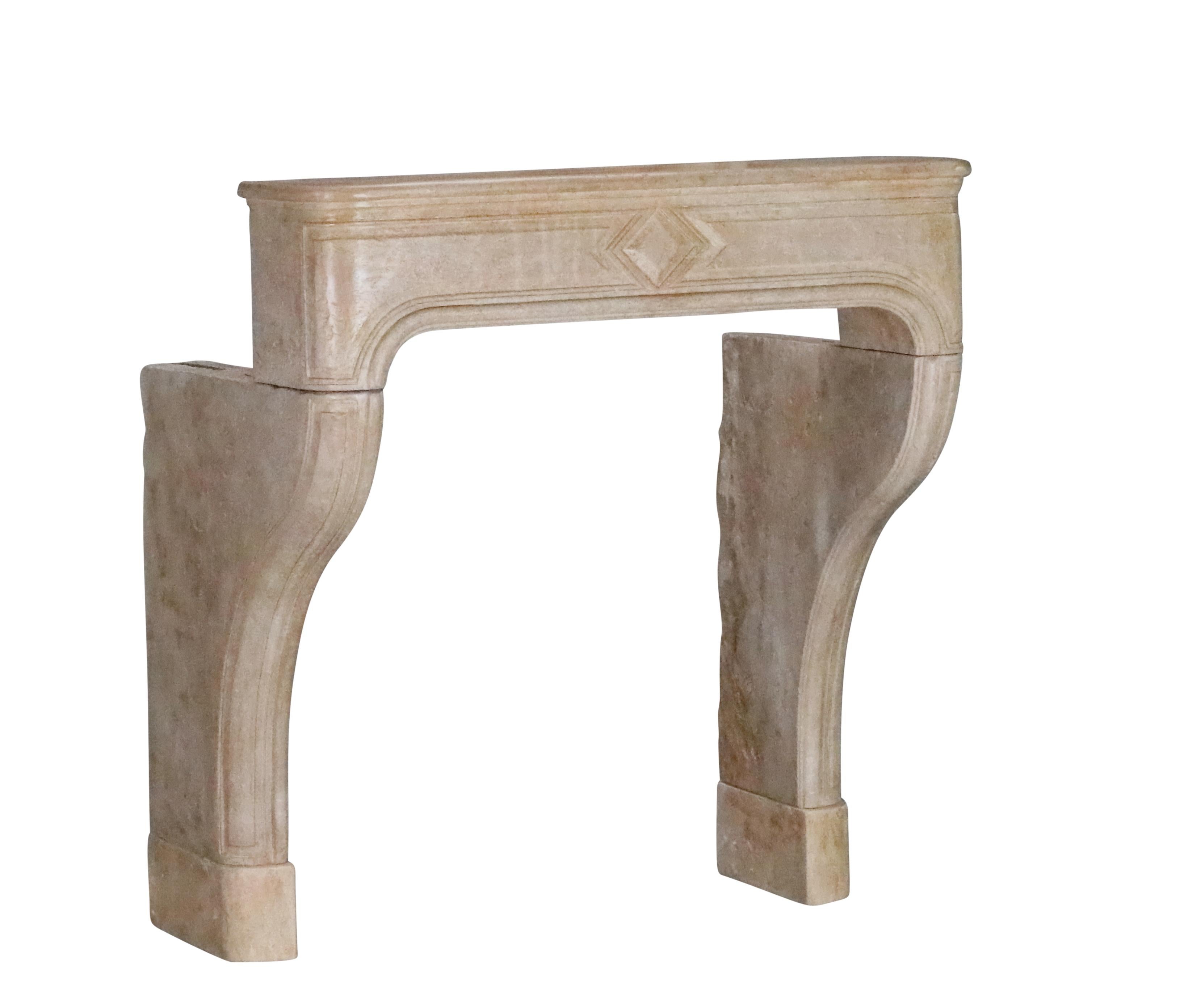 Hand-Carved Rustic French Antique Reclaimed Extra Small Fireplace Surround In Limestone For Sale