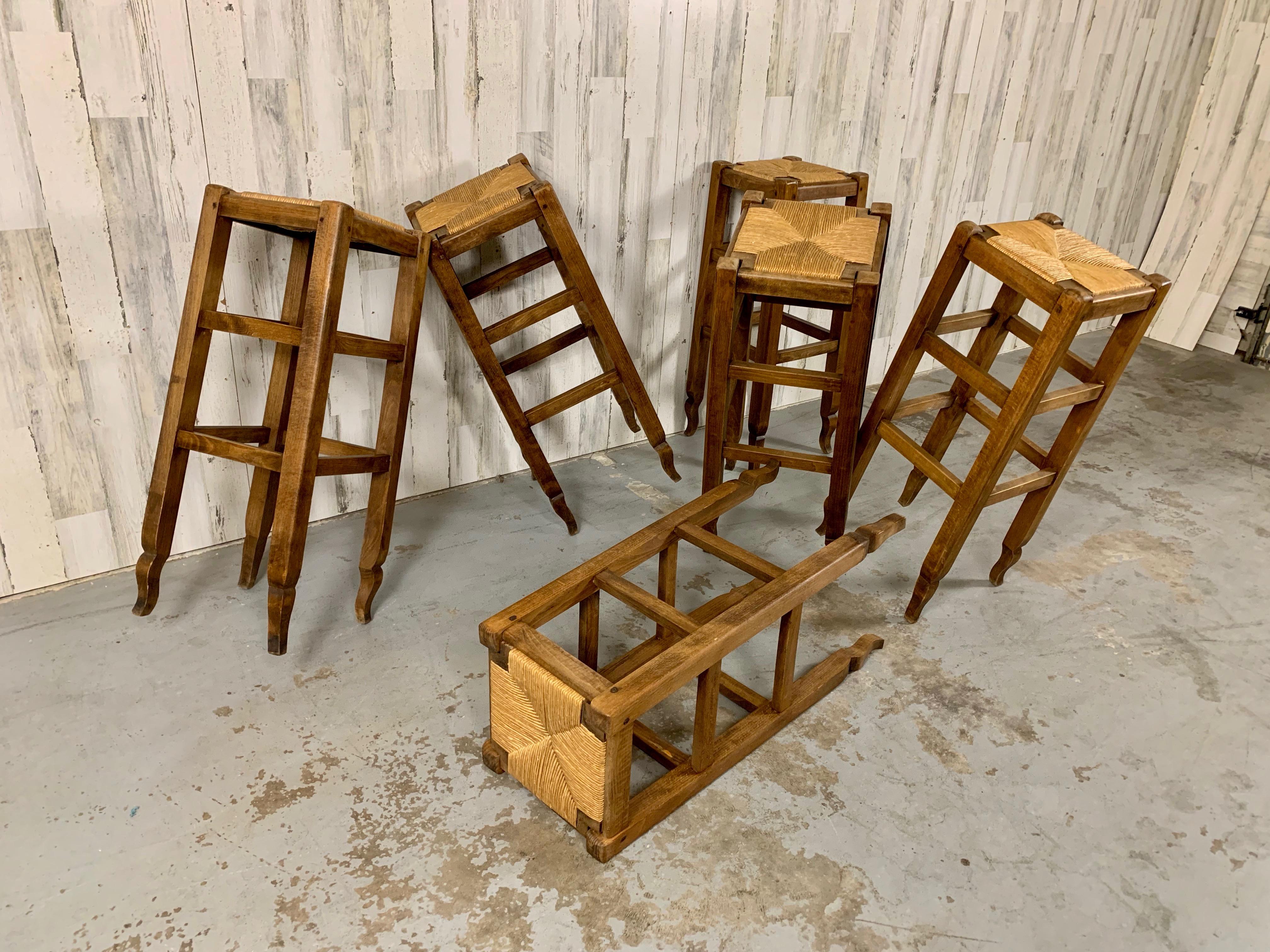 Tall Bar stools made of Beech hardwood in the country french style with woven natural rush seats. Set of six.