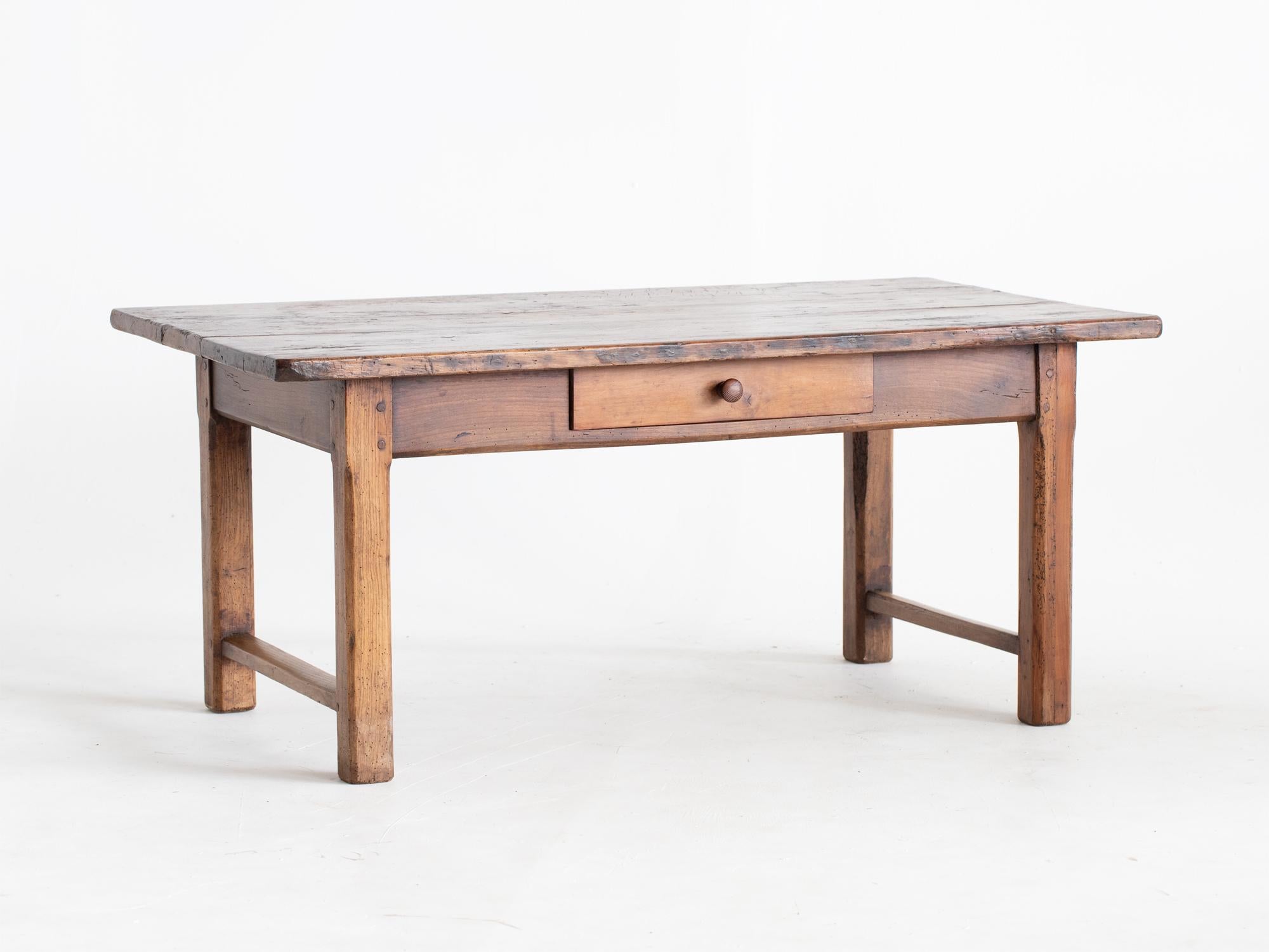 A rustic beech coffee table adapted from a larger 19C French farmhouse table.

Stock ref. #2249

In good sturdy order with characterful wear throughout. Traces of historic worm all treated as a precautionary and preventative measure.

50.5 x 114.5 x