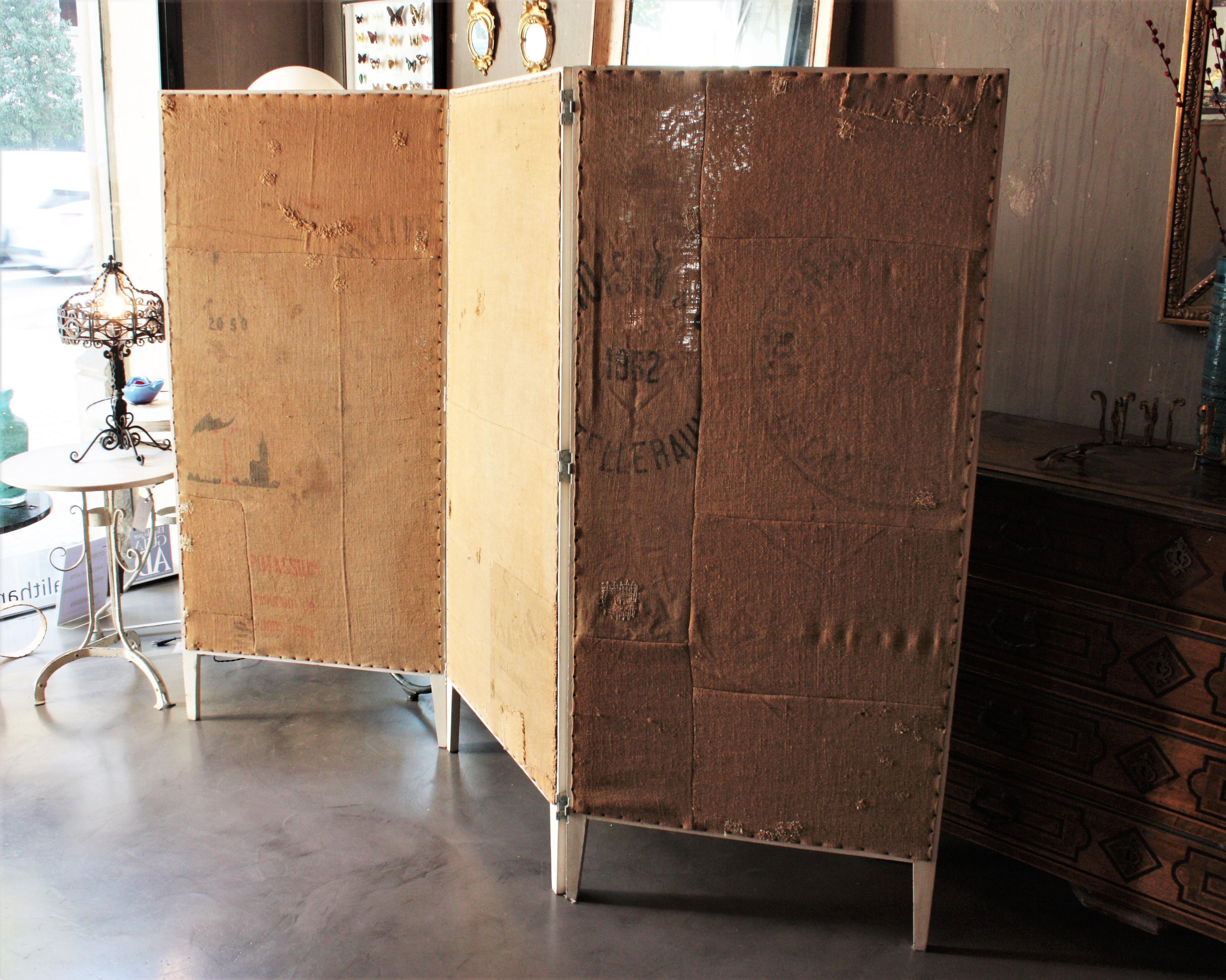 Rustic French Burlap Grain Sacks and Wood Folding Screen / Room Divider For Sale 2