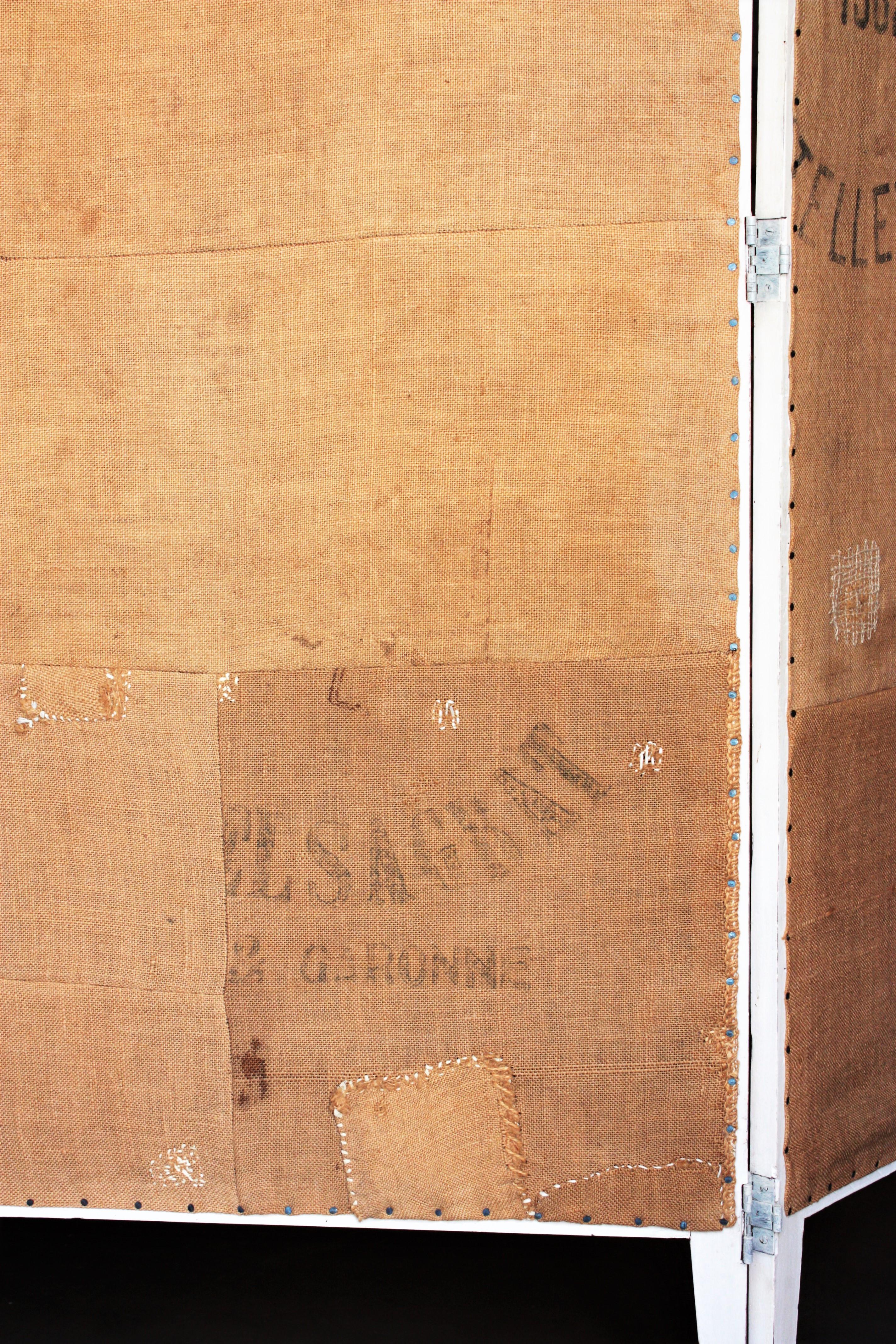 Rustic French Burlap Grain Sacks and Wood Folding Screen / Room Divider For Sale 3