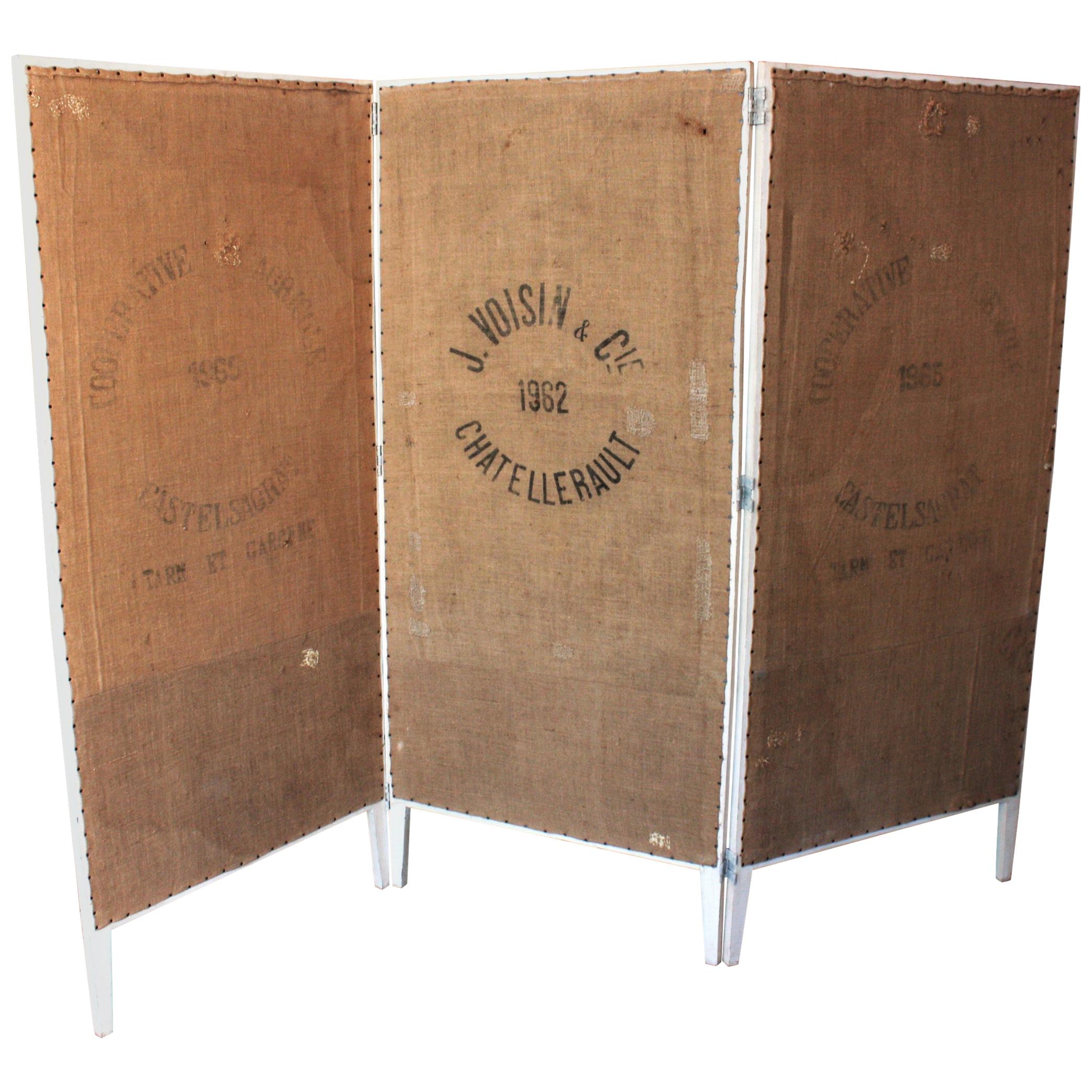 Rustic French Burlap Grain Sacks and Wood Folding Screen / Room Divider For Sale