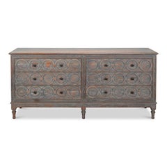 Rustic French Carved Sideboard - Distressed Finish, 6 Drawers
