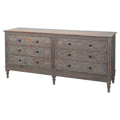 Rustic French Carved Sideboard - Distressed Finish, 6 Drawers
