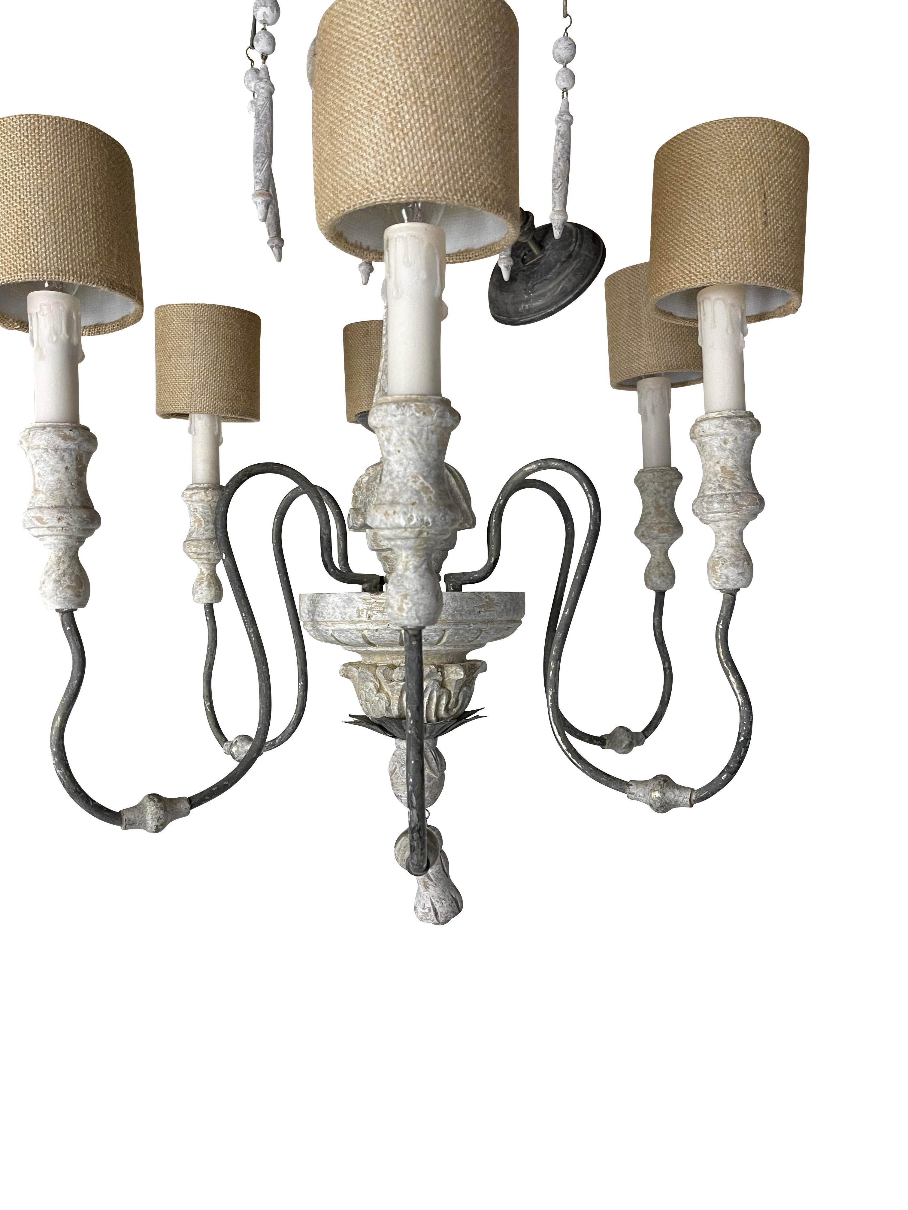 Carved Rustic French Country Grey Painted Chandelier