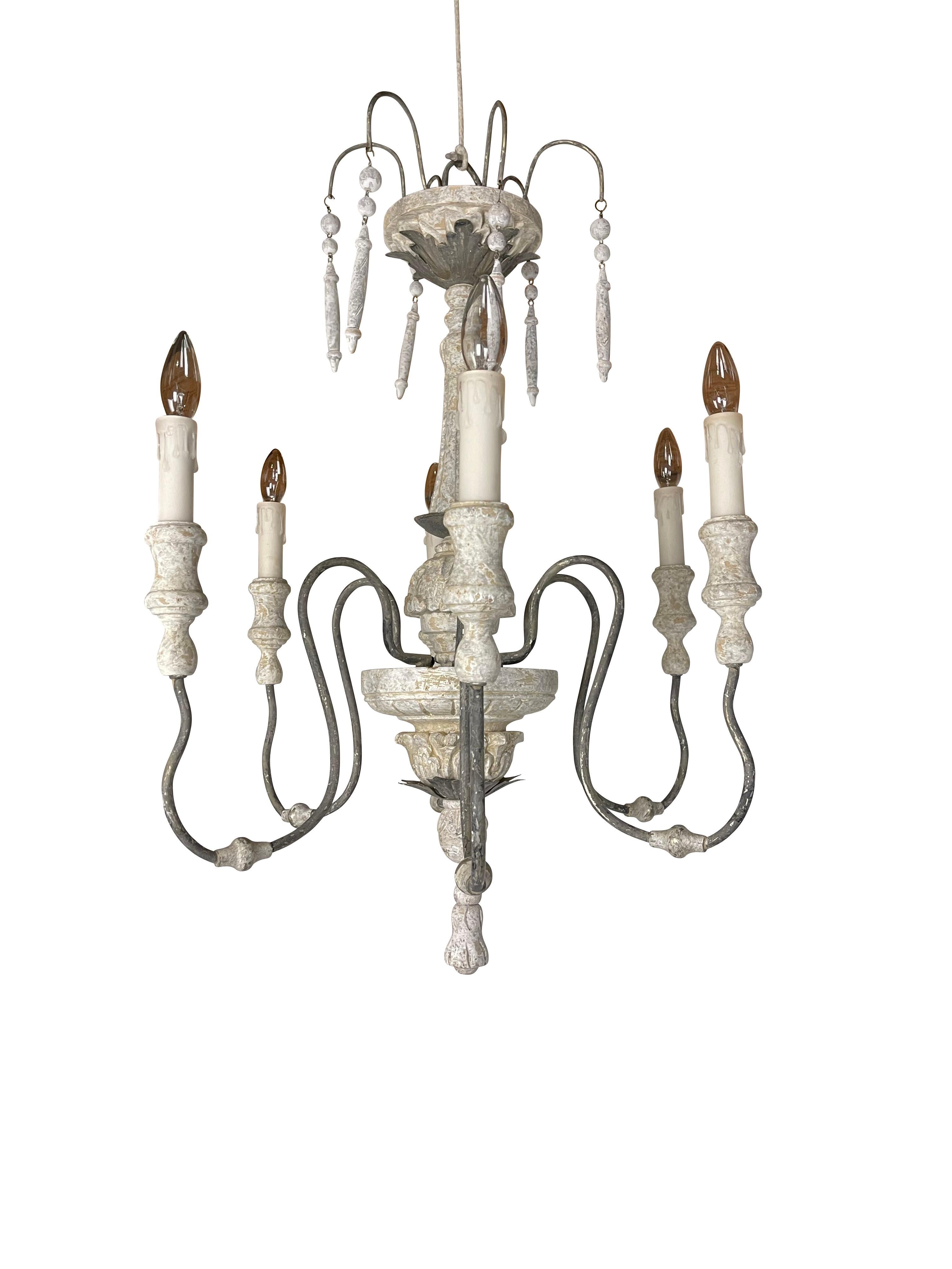 Rustic French Country Grey Painted Chandelier In Good Condition In Essex, MA