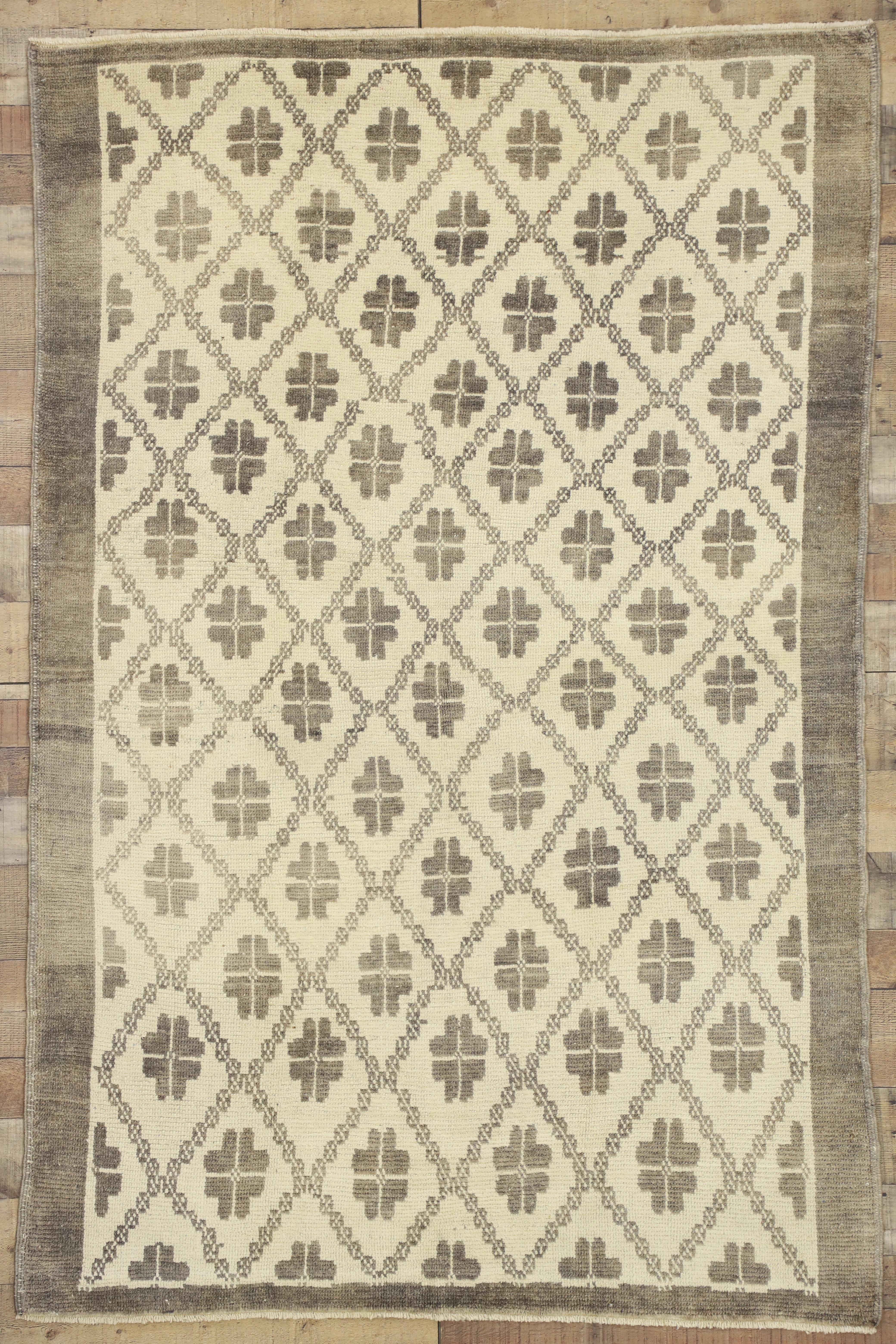 Hand-Knotted Rustic French Country Style Vintage Turkish Oushak Rug, Kitchen, or Entry Rug For Sale