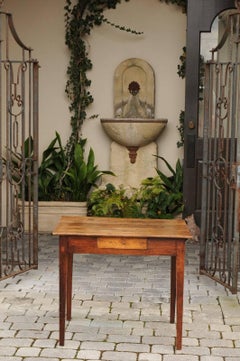 Rustic French Elm Side Table with Single Drawer and Tapered Legs, circa 1870