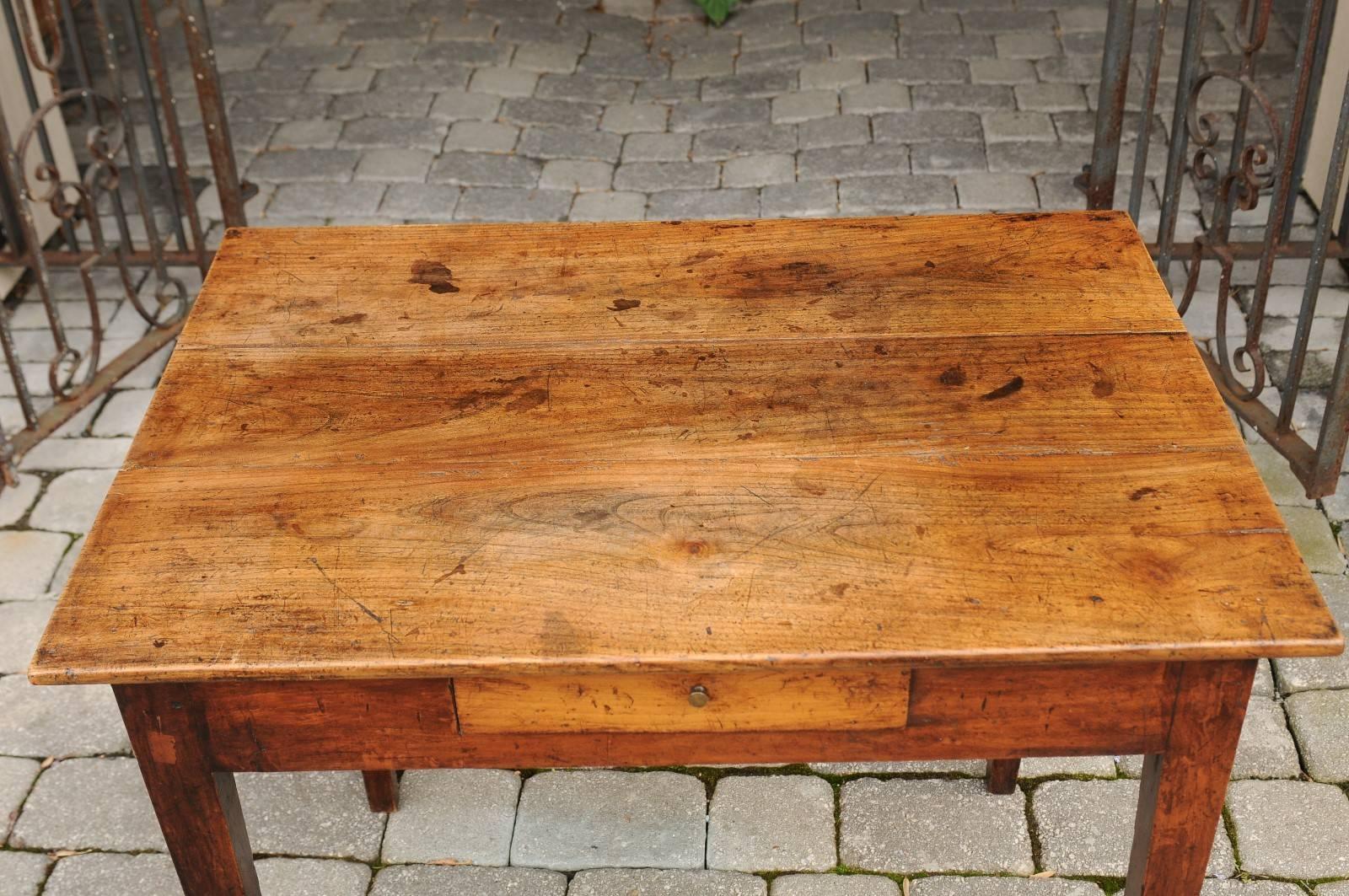 19th Century Rustic French Elm Side Table with Single Drawer and Tapered Legs, circa 1870