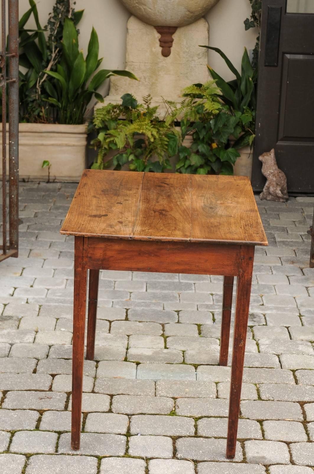 Wood Rustic French Elm Side Table with Single Drawer and Tapered Legs, circa 1870
