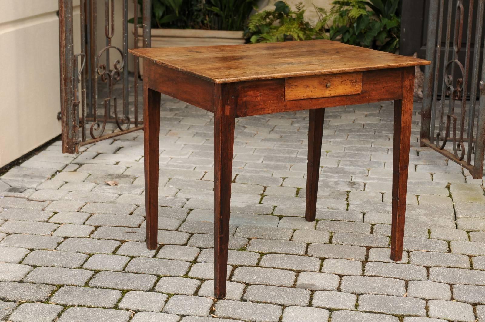 Rustic French Elm Side Table with Single Drawer and Tapered Legs, circa 1870 3