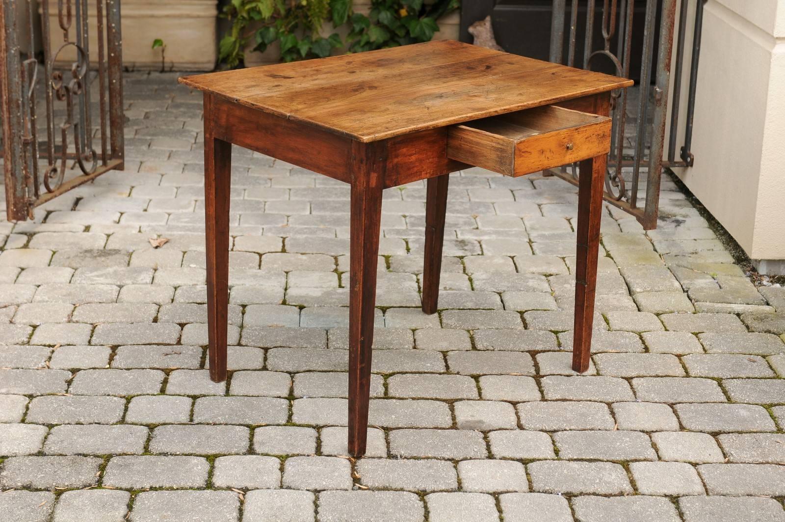Rustic French Elm Side Table with Single Drawer and Tapered Legs, circa 1870 4