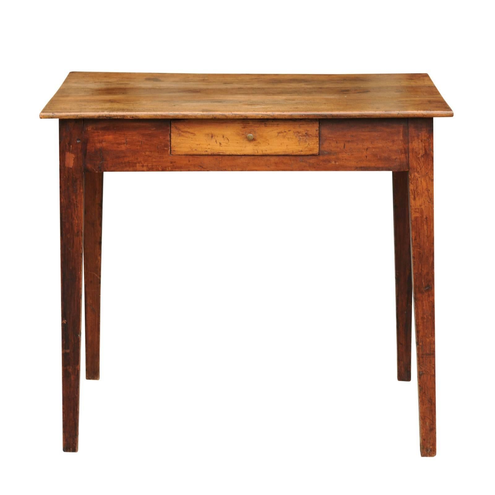 Rustic French Elm Side Table with Single Drawer and Tapered Legs, circa 1870