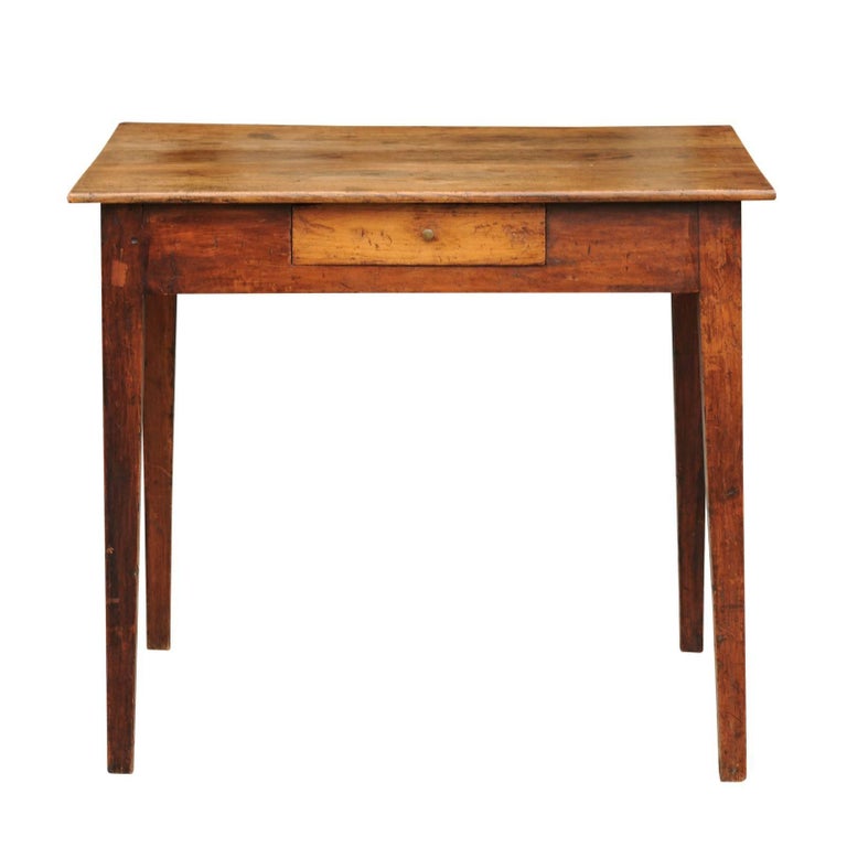 Rustic French Elm Side Table with Single Drawer and Tapered Legs, circa