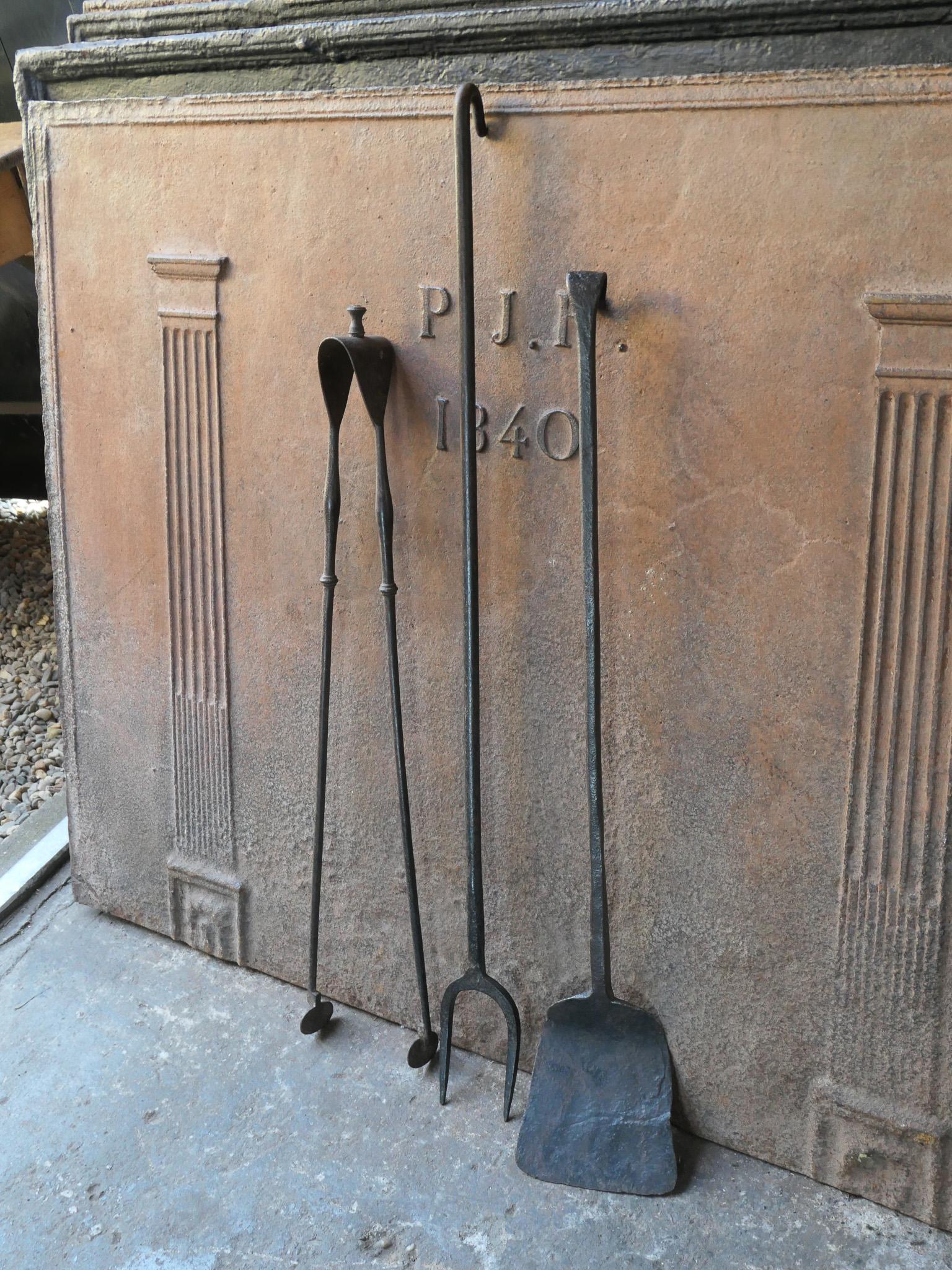 Wrought Iron Rustic French Fireplace Tools, 17th-18th Century For Sale