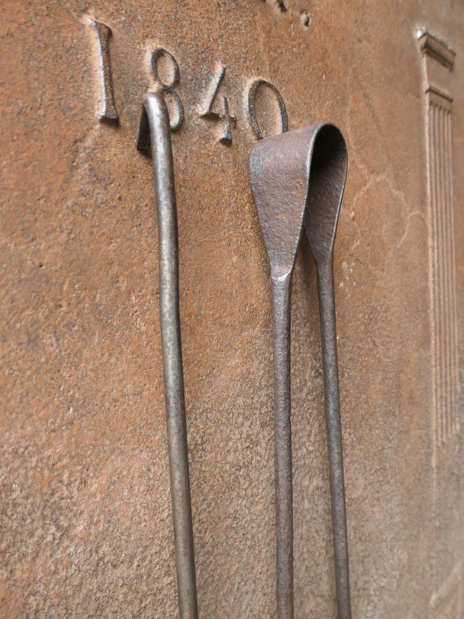 Wrought Iron Rustic French Fireplace Tools, 17th-18th Century